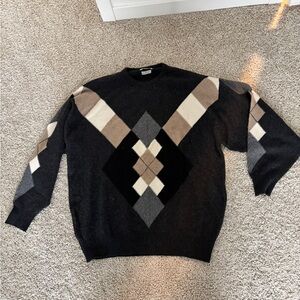 Men's Black Argyle Crewneck 100% Cashmere Sweater sz Large